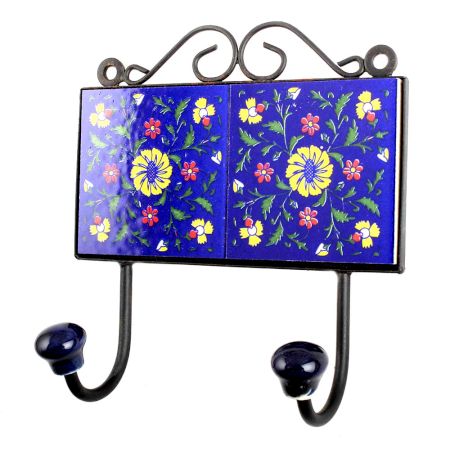 Navy Blue Yellow Floral Tiles Hooks